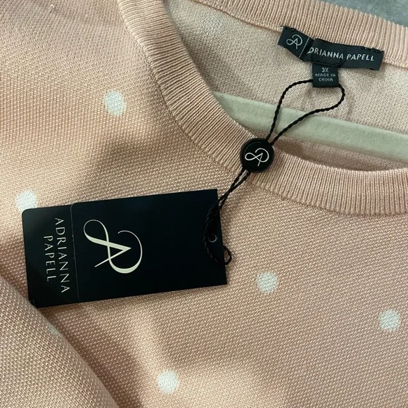 NWT Adrianna Papell Size 3X Pink White Polka Dot Knit Puff Sleeve Crew Sweater - Picture 10 of 12